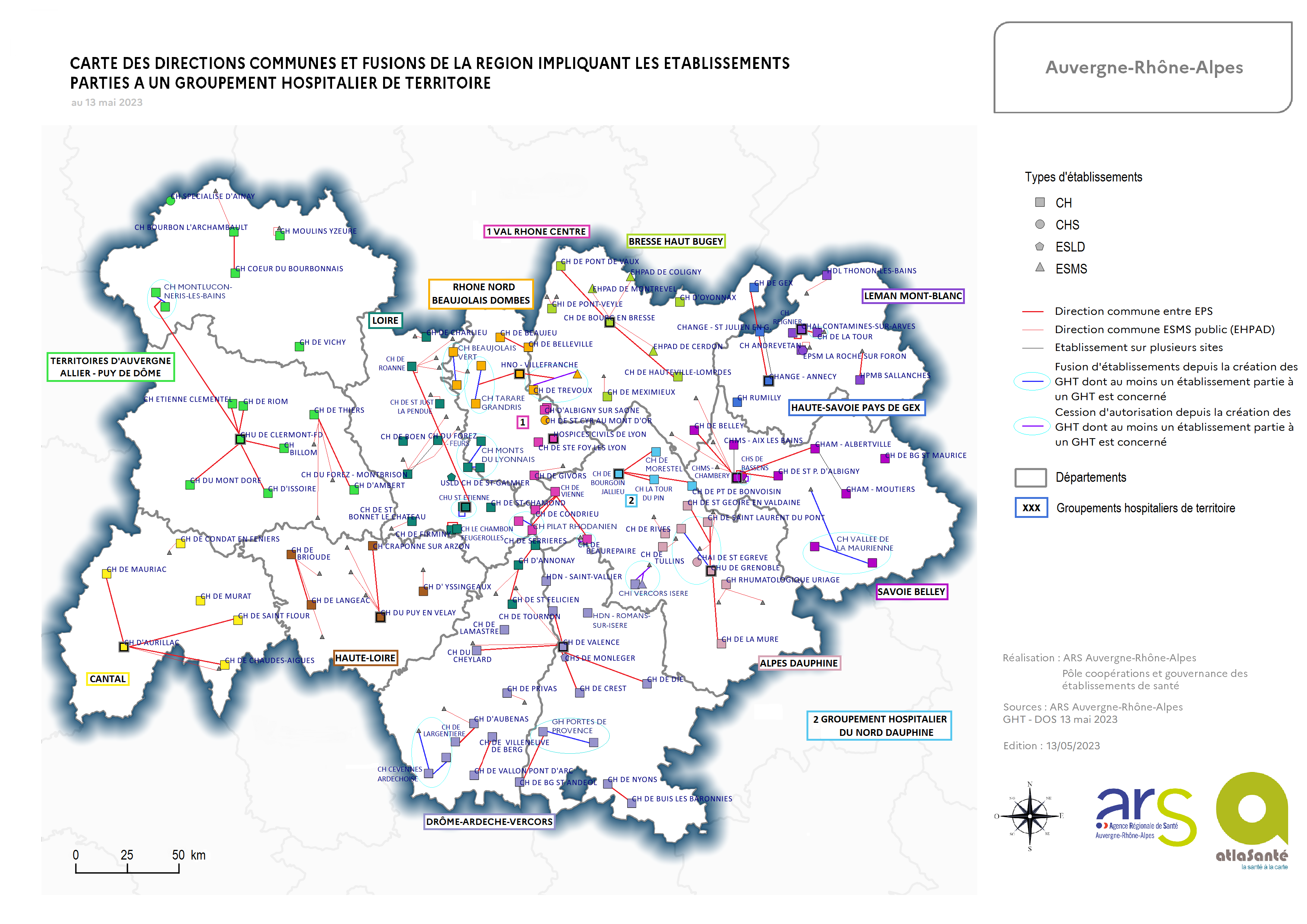 Carte des GHT en Auvergne-Rhône-Alpes - Cliquez sur l'image pour l'agrandir