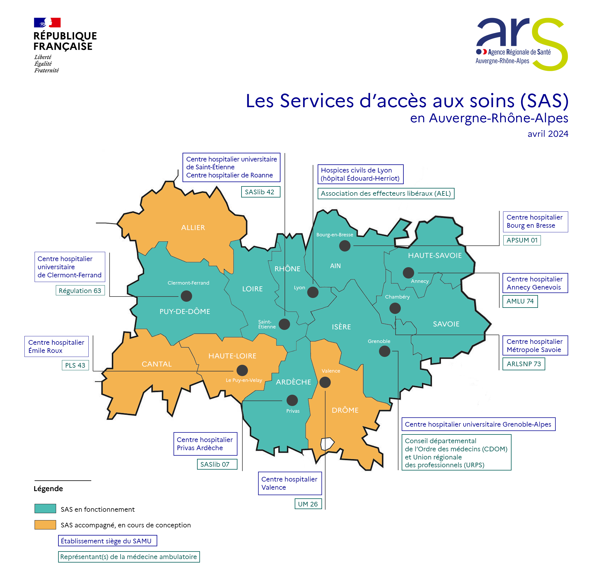 Cartographie Les SAS en Auvergne-Rhône-Alpes, voir description détaillée ci-dessous