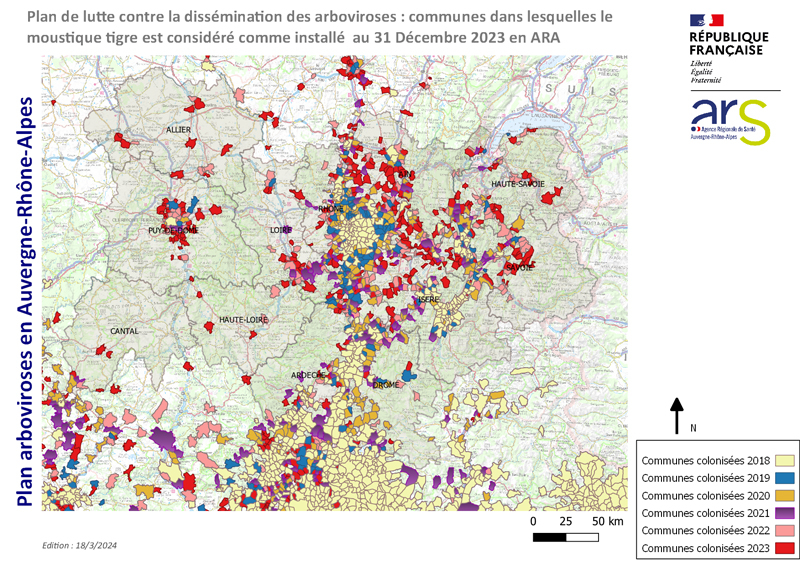 Carte des communes colonisées par le moustique tigre au 31 décembre 2023