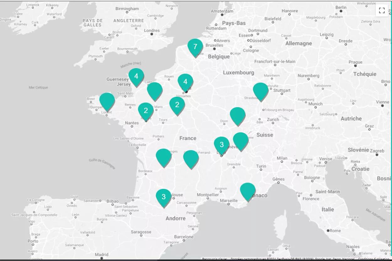 carte répertoriant les événements organisés dans le cadre de la réflexion autour du don d'organes