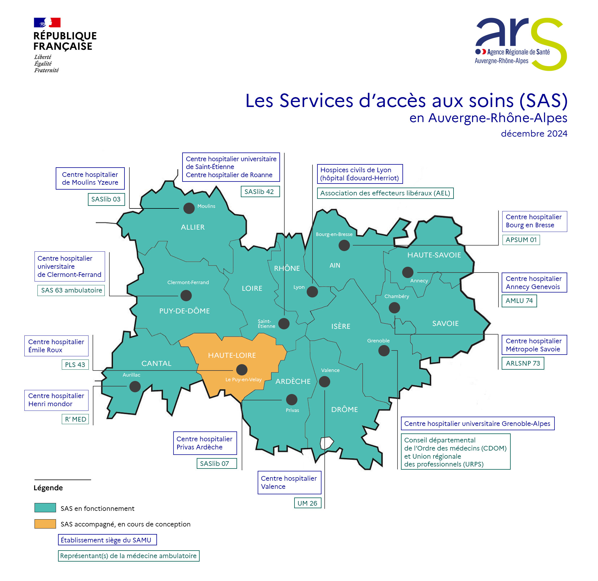 Cartographie Les SAS en Auvergne-Rhône-Alpes, voir description détaillée ci-dessous