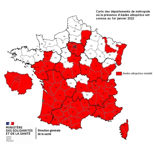 Carte de France Présence du moustique tigre depuis janvier 2022