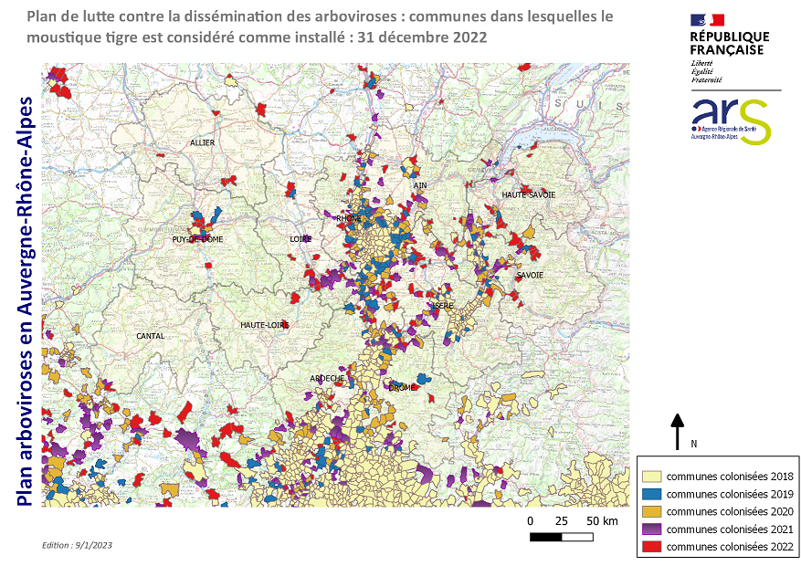 Carte Moustique tigre - communes colonisées en ARA - 2022