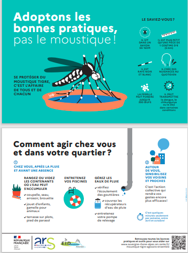 Flyer pour savoir comment se débarrasser du moustique tigre, réalisé par l'ARS Auvergne-Rhône-Alpes