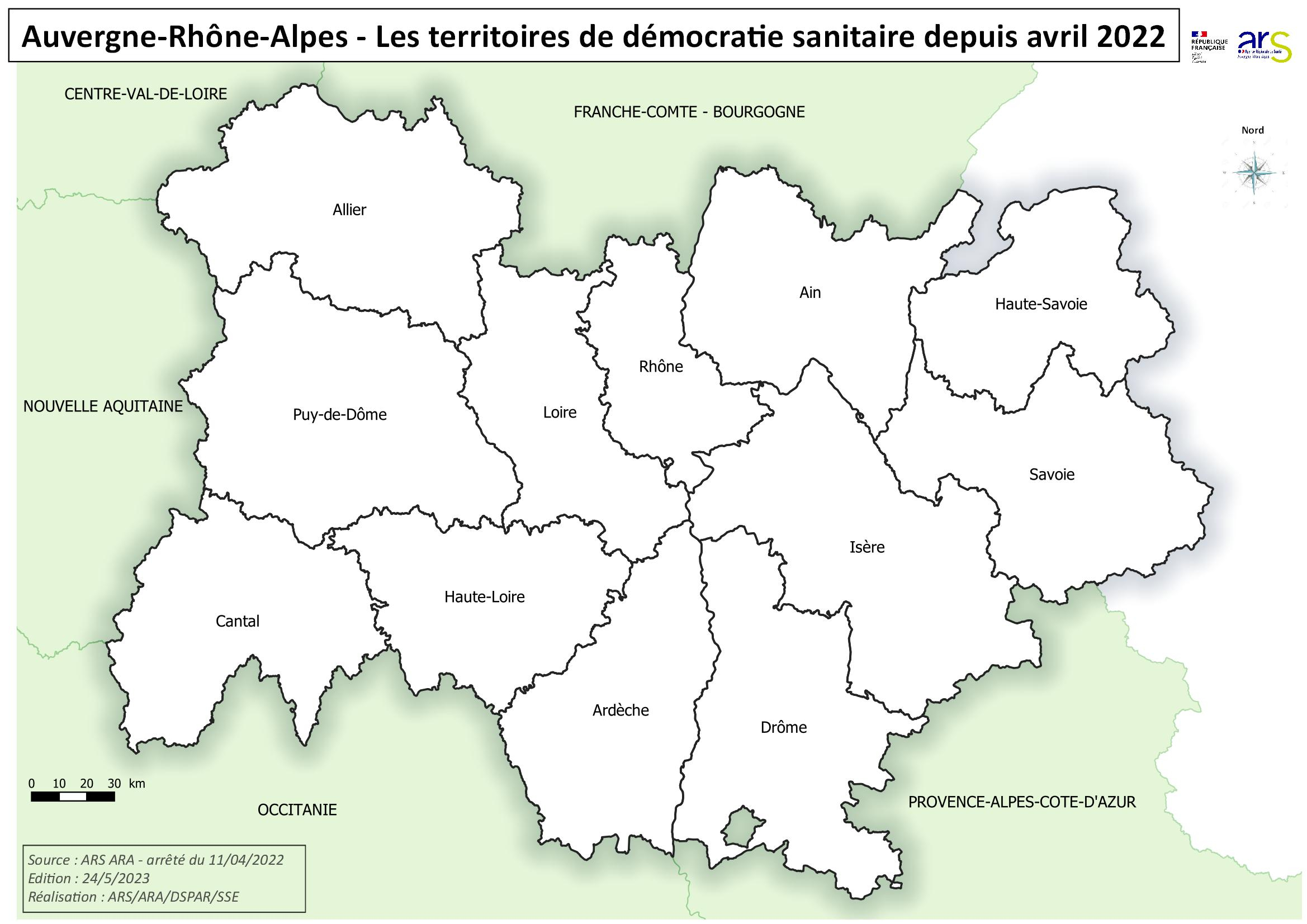 carte des territoires de santé en Auvergne-Rhône-Alpes représentant chaque département