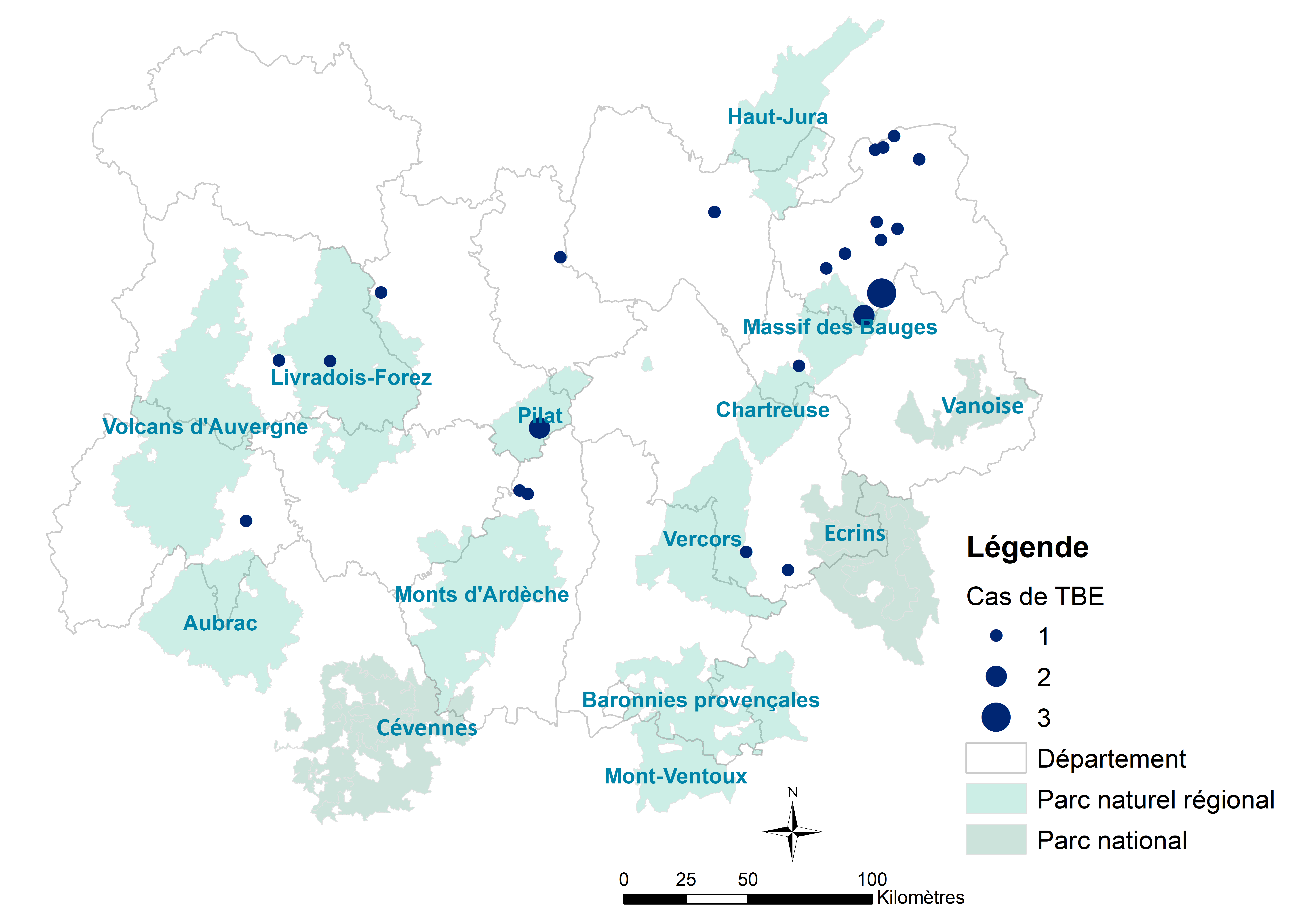 Répartition des cas d'encéphalite à tiques en Auvergne-Rhône-Alpes