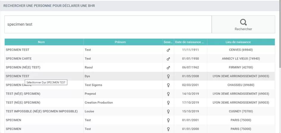 capture d'écran de la page de l'annuaire listant les différents patients du professionnel de santé