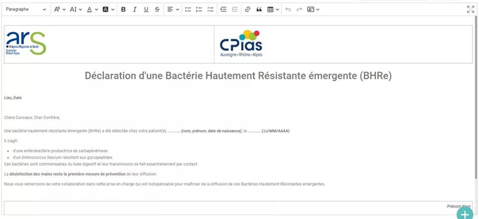 Capture d'écran du modèle automatique (courrier type) généré pour informer ses pairs d'un patient bhre