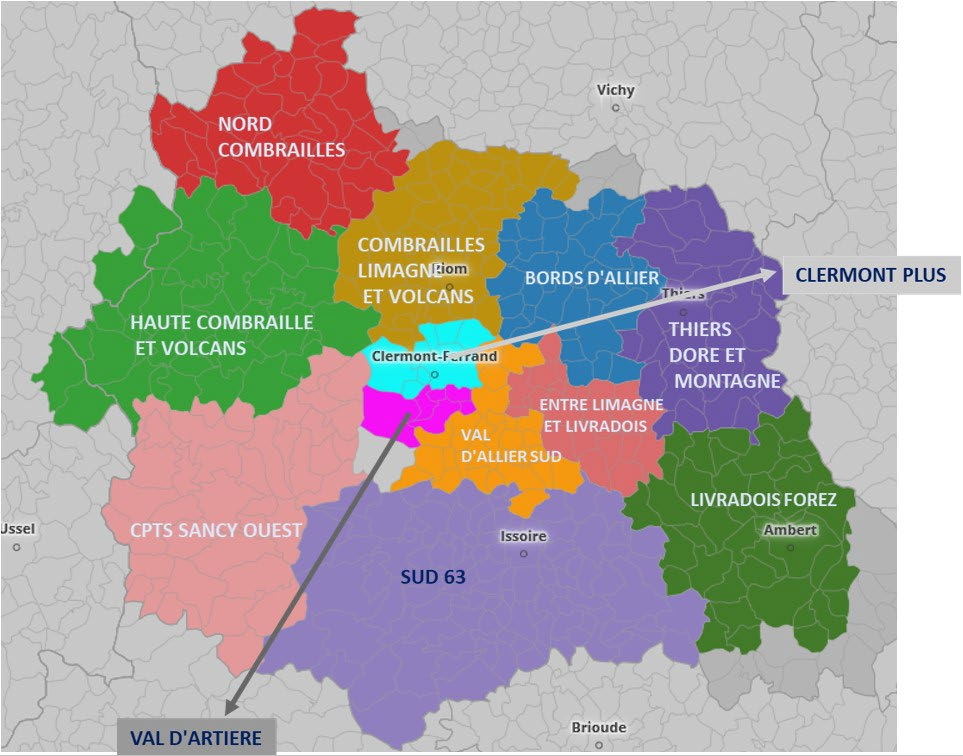 Carte des 7 nouvelles CPTS du Puy-de-Dôme