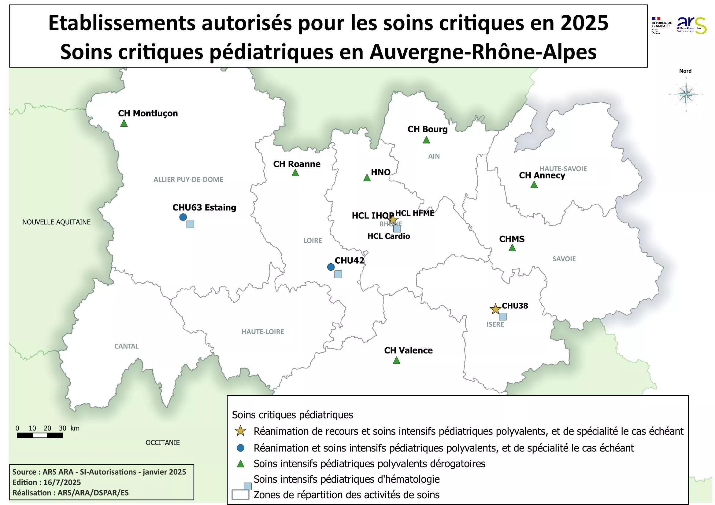 Carte des établissements autorisés pour les soins critiques pédiatriques, voir description détaillée ci-après