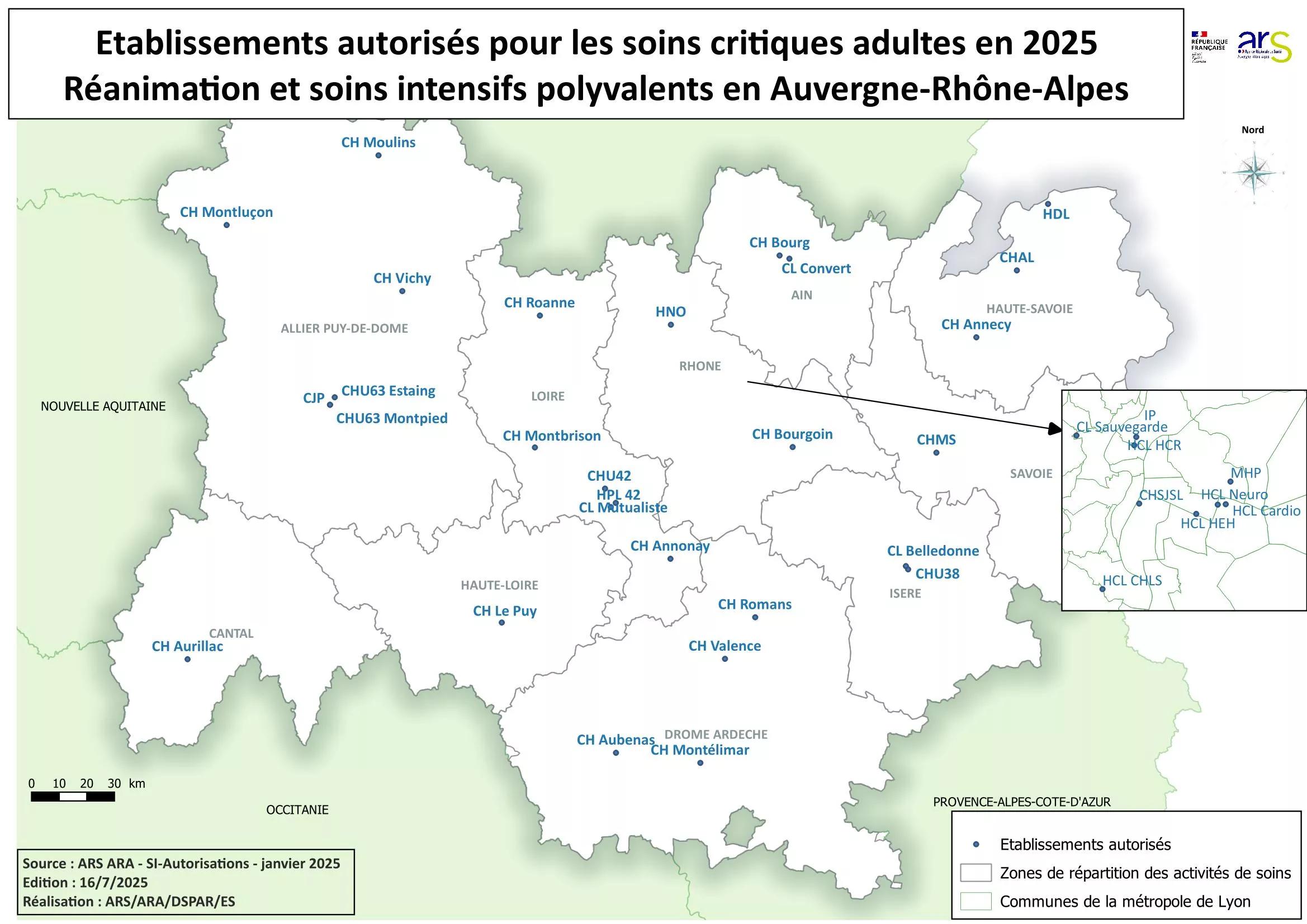 Carte des établissements autorisés pour la réanimation, voir description détaillée ci-après