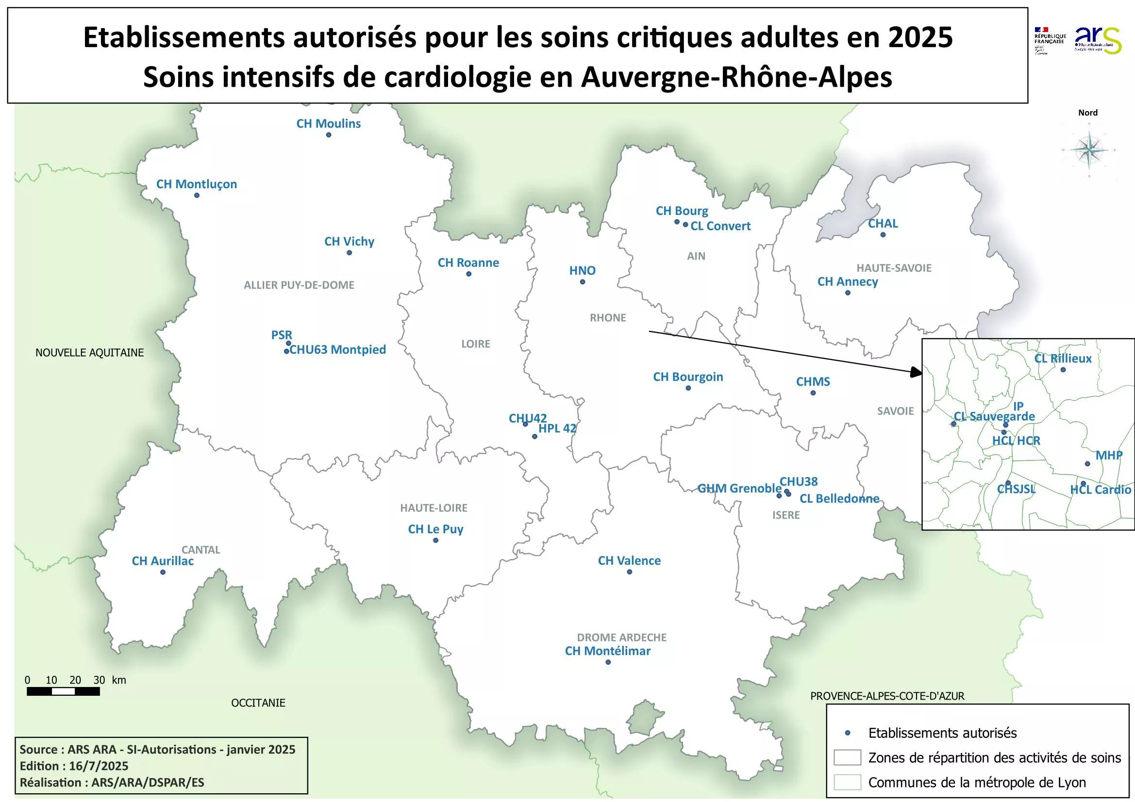 Carte des établissements autorisés pour les soins intensifs de cardiologie, voir description détaillée ci-après