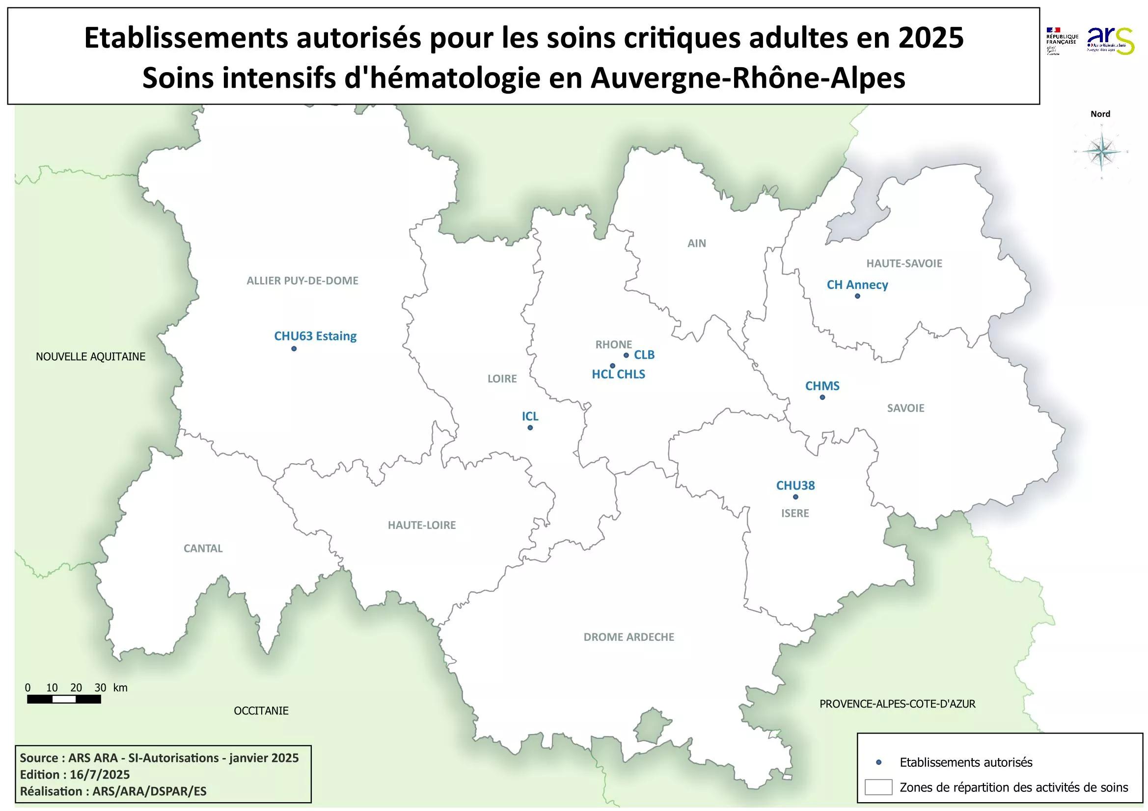 Carte des établissements autorisés pour les soins intensifs d'hématologie, voir description détaillée ci-après