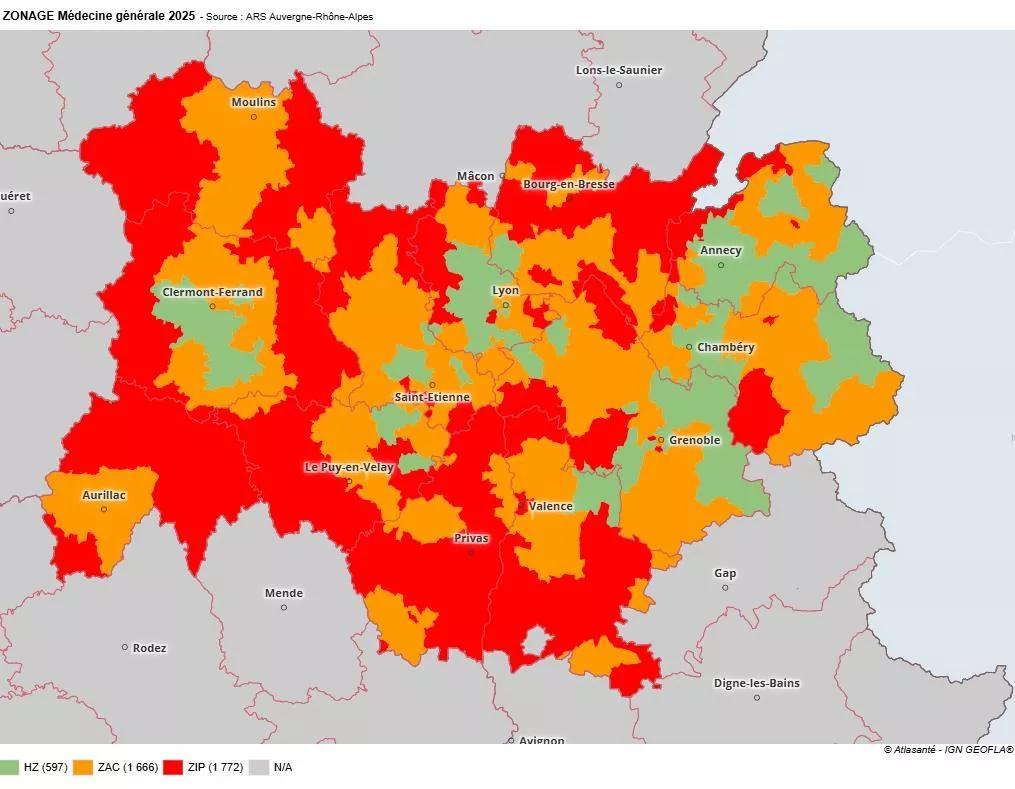 Cartographie Auvergne-Rhône-Alpes - Zonage médecine générale 2025
