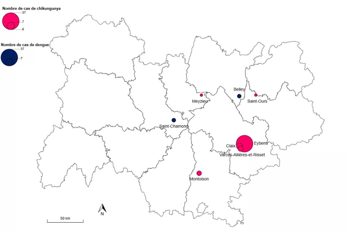 Carte réprésentant les foyers de transmission autochtone d'arboviroses en Auvergne-Rhône-Alpes pour l'année 2025