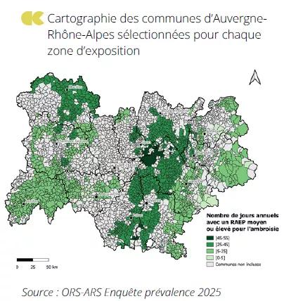 Carte montrant les zones d’exposition au pollen d’ambroisie en Auvergne-Rhône-Alpes