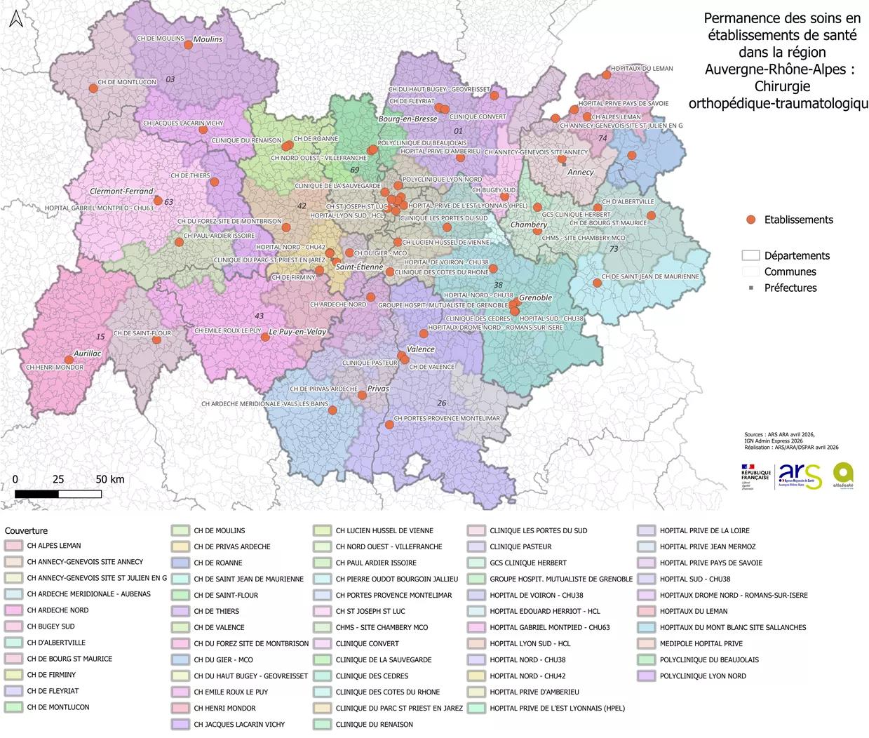 Carte de la PDSES en Auvergne-Rhône-Alpes - chirurgie orthopédique et traumatologique - 1,45 Mo
