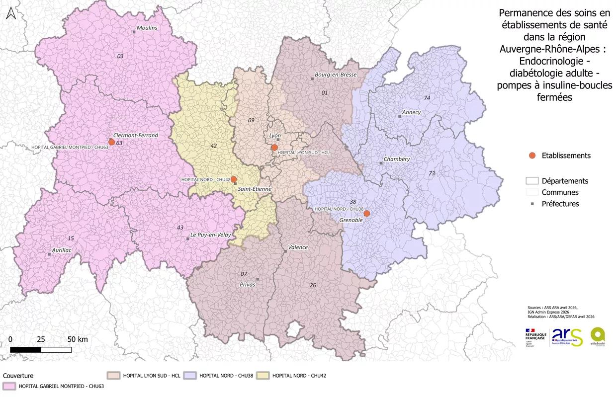 Carte de la PDSES en Auvergne-Rhône-Alpes - endocrinologie diabétologie adulte - 1,21 Mo