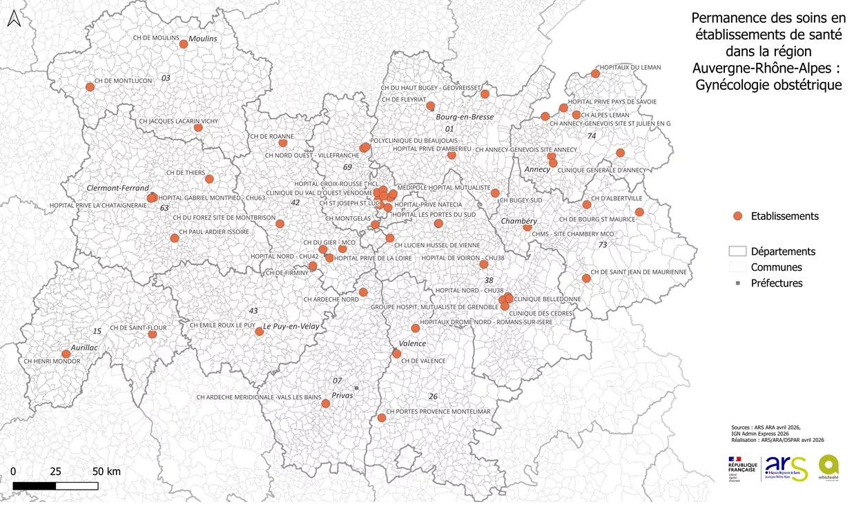 Carte de la PDSES en Auvergne-Rhône-Alpes - gynécologie obstétrique - 1 Mo