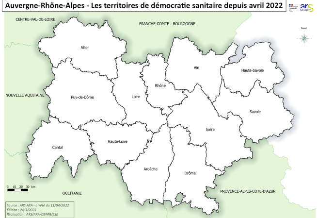 carte des territoires de santé en Auvergne-Rhône-Alpes représentant chaque département