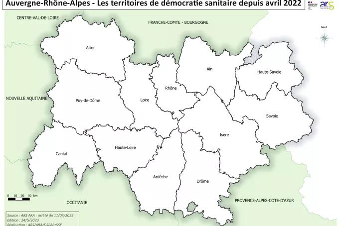 carte des territoires de santé en Auvergne-Rhône-Alpes représentant chaque département